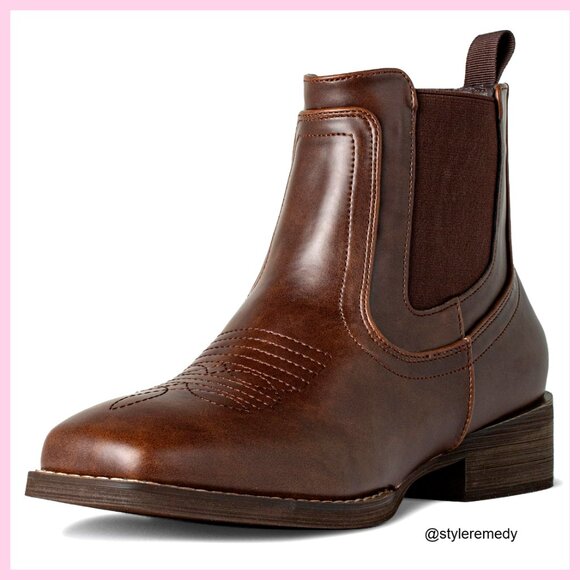 Men's Western Square Toe Ankle Chelsea Boots Pull-On Stretch Panels